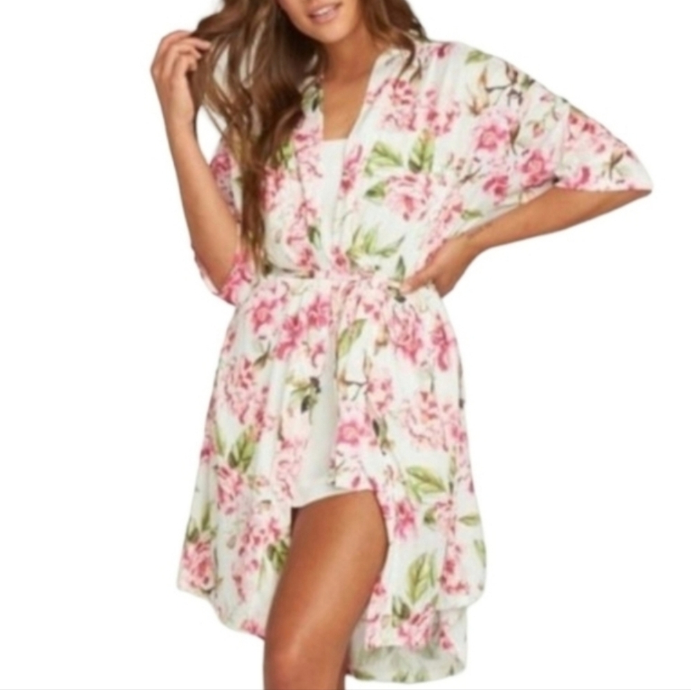 Show Me Your MuMu Pink Rose Wrap Dress Robe Floral Pastel Kimono Sleeves Belted